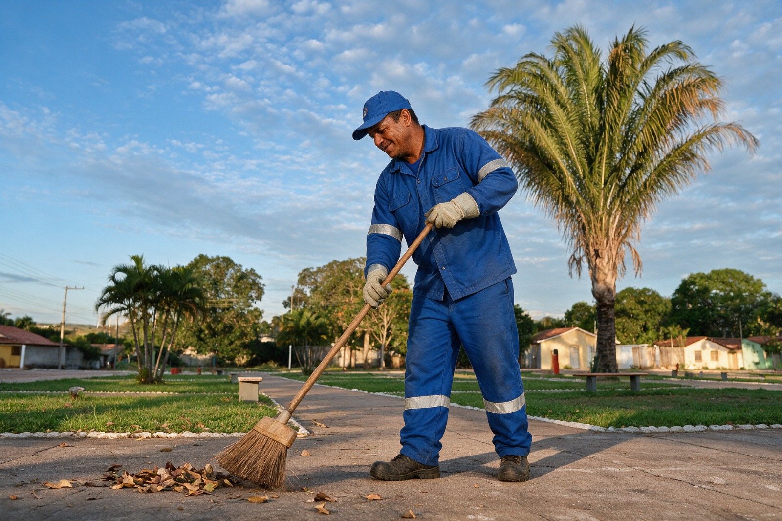 Servidor da limpeza urbana varrendo a praça